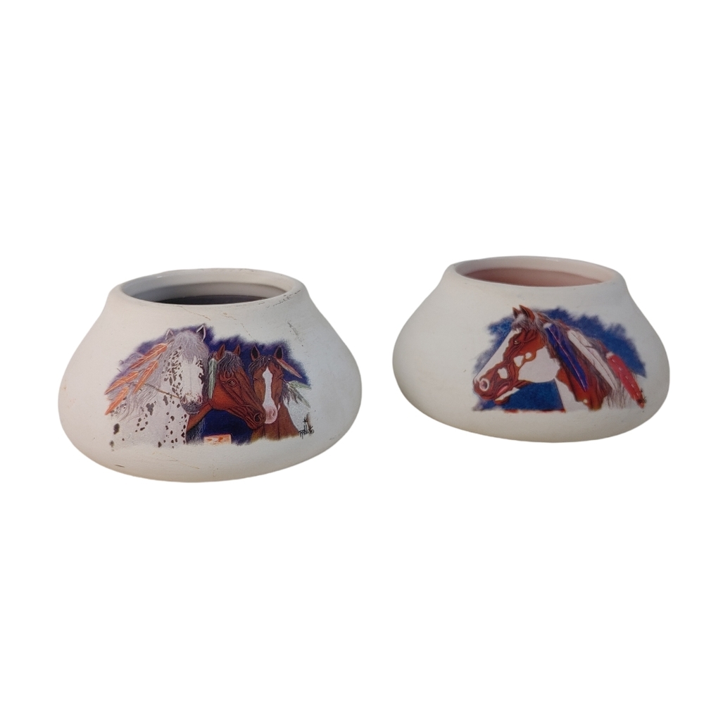 New Pair of Two Sandstone Creations Candles with Painted Images of Horses
